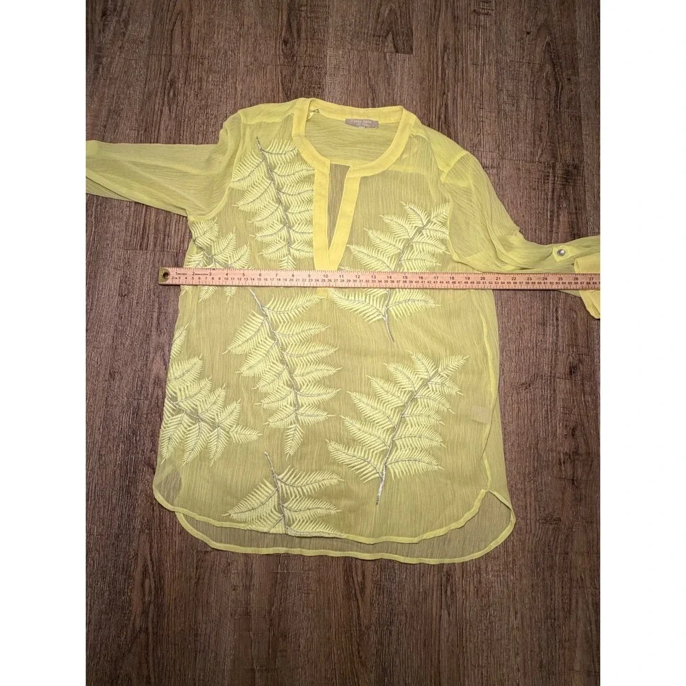 Joan Vass Yellow Fern Embroidered Sheer Tunic Blouse Size M‎ Long Sleeve Tab Top - Picture 6 of 9